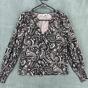 Boden Shirt Womens 2 Black Pink Floral Long Sleeve V-Neck 100% Cotton Pullover